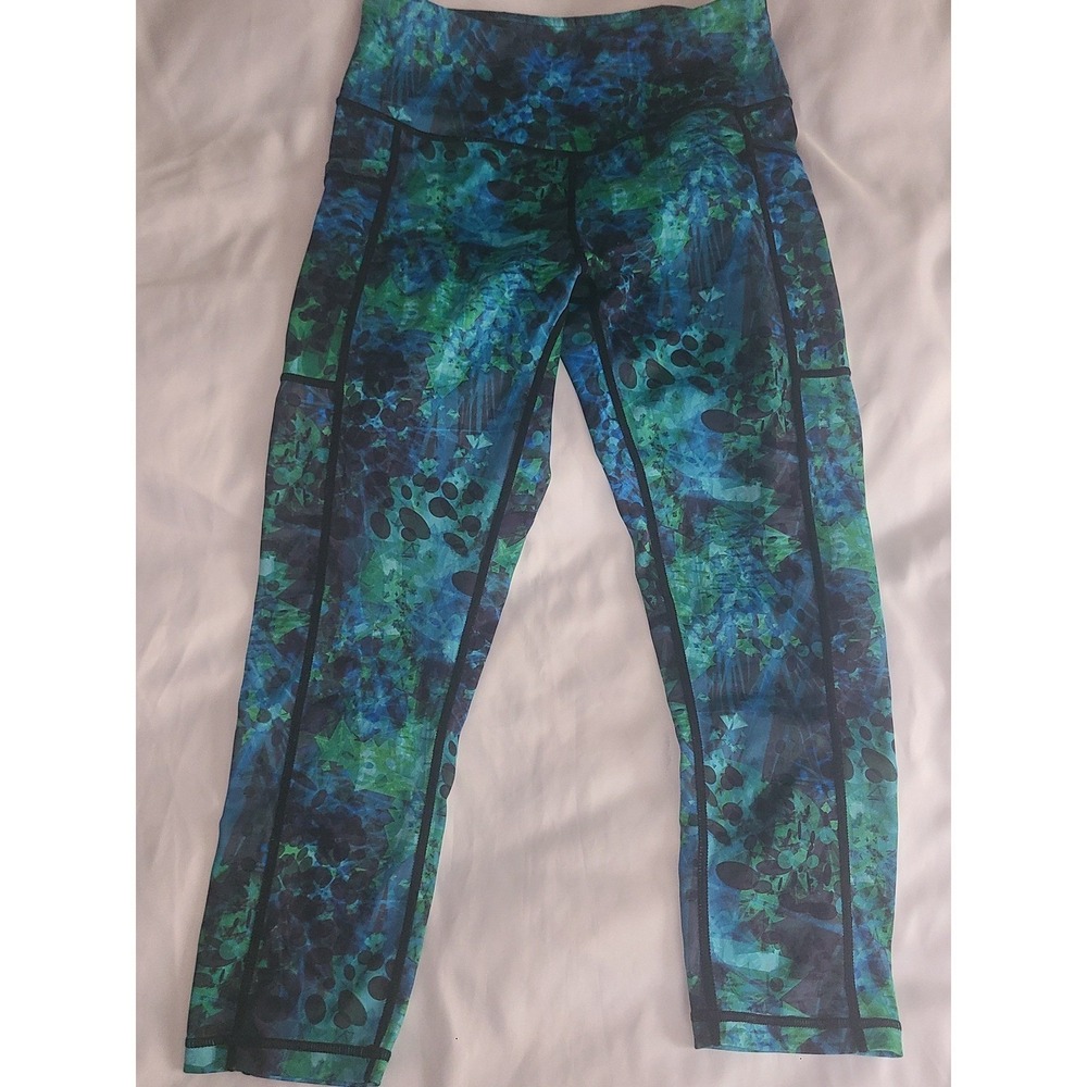Constantly Varied Gear CVG Blue Green Abstract Print Leggings Pockets Womens XS